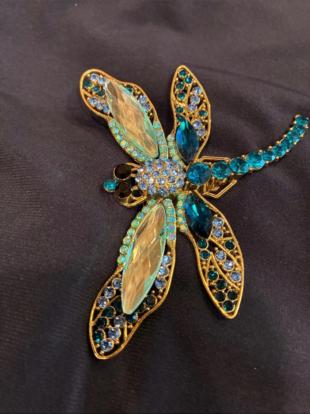 Large Blue Dragonfly Brooch - Rhinestone and Crystal and Gold Tones (ABBA) - Picture 7 of 16